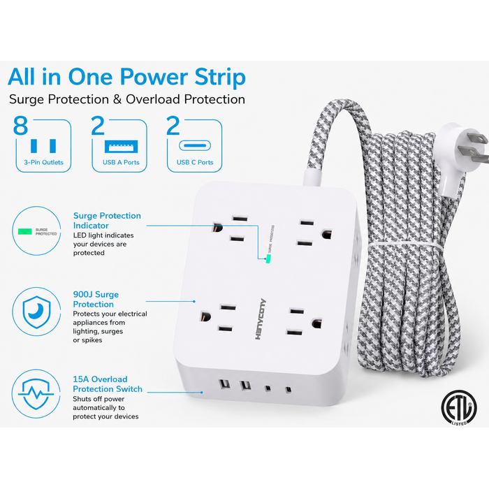 HANYCONY HN8U5WC - HANYCONY 900 Joules Surge Protector Power Strip, 6ft, White - 8 Outlets with 4 USB (2 USB C) Charging Ports, Multi Plug Outlet Extender, 5Ft Braided Extension Cord, Flat Plug Wall Mount Desk USB Charging Station for Home Office ETL