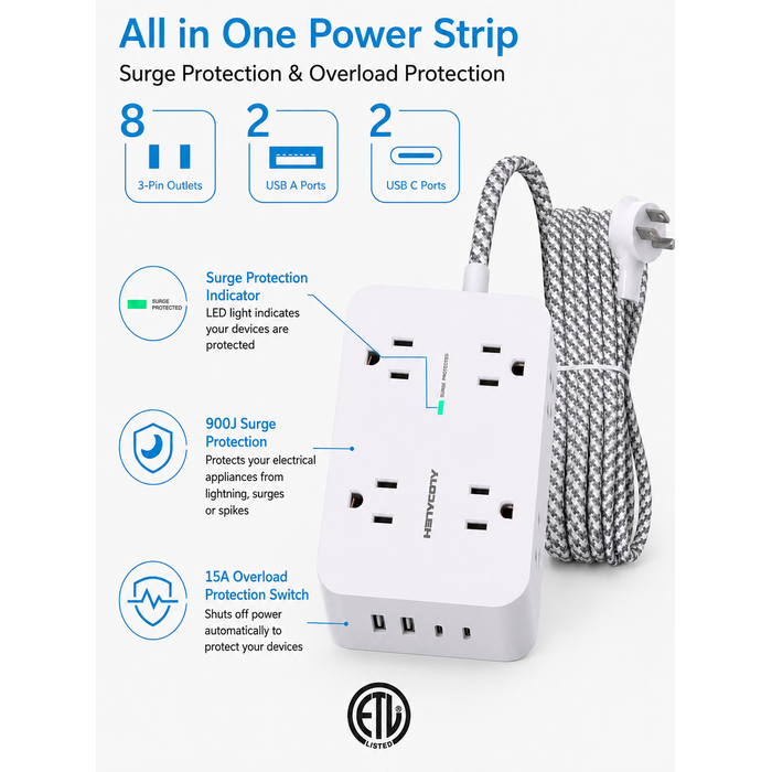 HANYCONY HN8U5WC - HANYCONY 900 Joules Surge Protector Power Strip, 6ft, White - 8 Outlets with 4 USB (2 USB C) Charging Ports, Multi Plug Outlet Extender, 5Ft Braided Extension Cord, Flat Plug Wall Mount Desk USB Charging Station for Home Office ETL