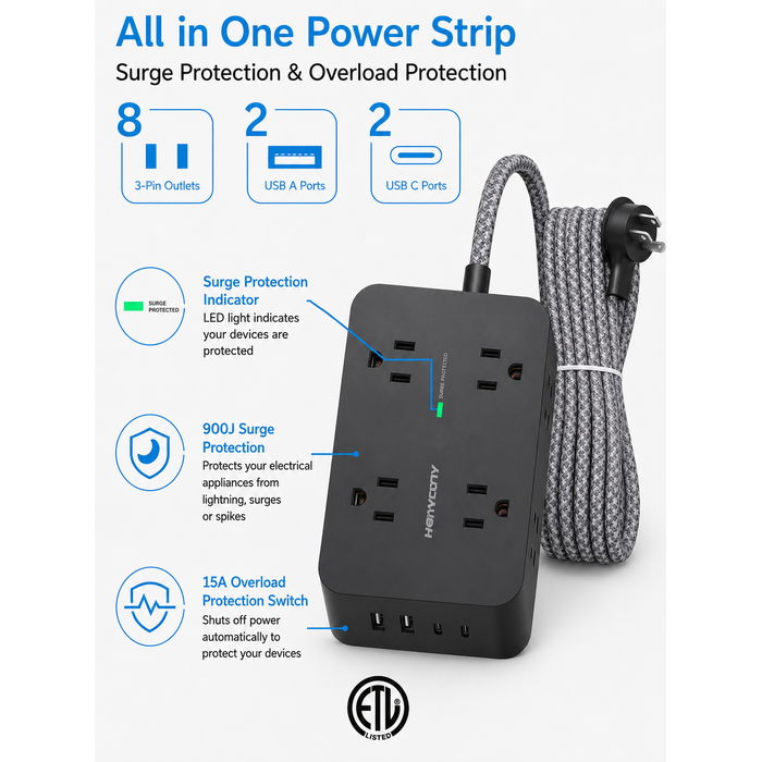 HANYCONY HN8U5WTB - HANYCONY 900 Joules Power Strip Surge Protector, HANYCONY 8 Outlets with 4 USB Charging Ports(2 USB C), 3 Side Outlet Extender with 5 Ft Extension Cord, Flat Plug, Wall Mount, Desk Charging Station for Home Office ETL