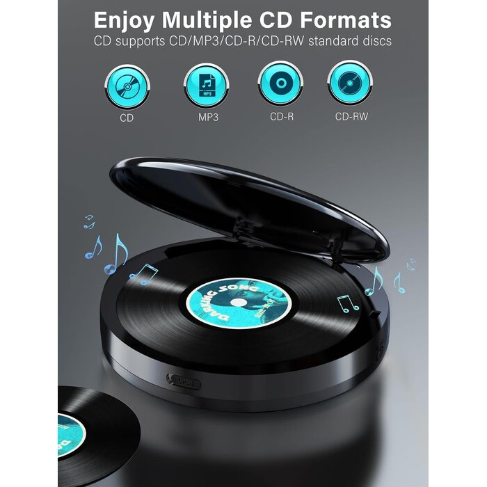 CD-35 - AFU Portable CD Player with Bluetooth with 2000mAh Rechargeable Battery | Personal CD Player for Car with Anti-Skip, FM Transmitter, Headphone, LCD Screen, AUX, Built-in Stereo Speaker, USB (Dark Gray)