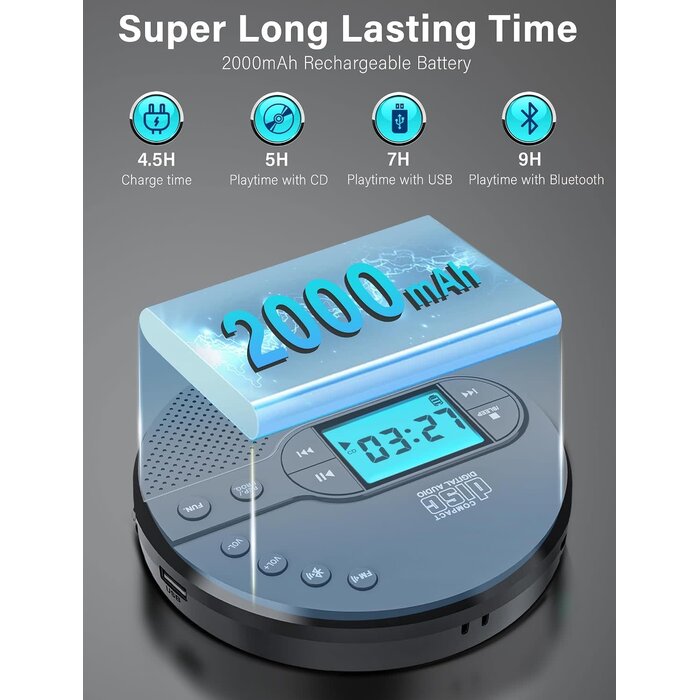 CD-35 - AFU Portable CD Player with Bluetooth with 2000mAh Rechargeable Battery | Personal CD Player for Car with Anti-Skip, FM Transmitter, Headphone, LCD Screen, AUX, Built-in Stereo Speaker, USB (Dark Gray)