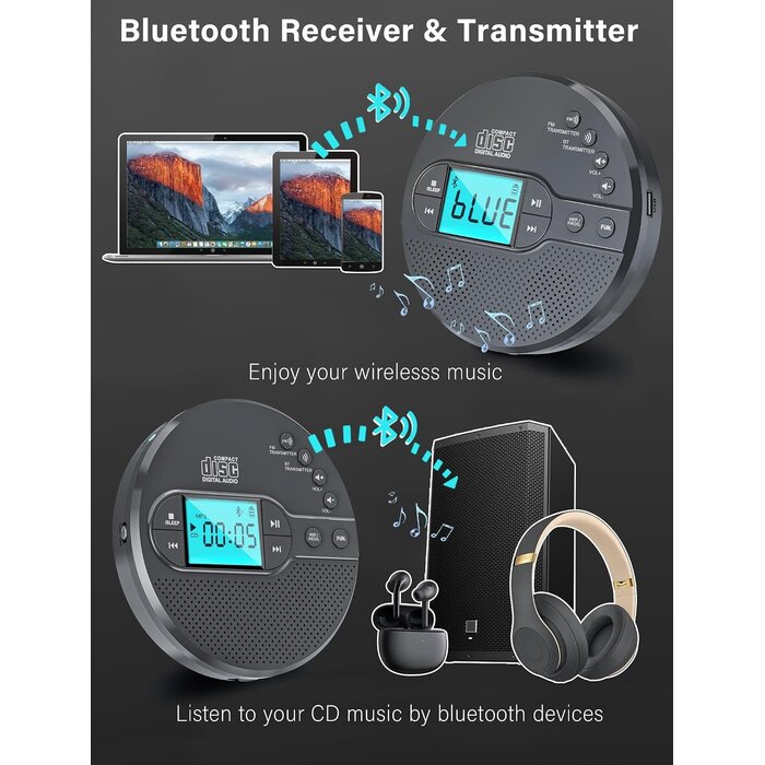 CD-35 - AFU Portable CD Player with Bluetooth with 2000mAh Rechargeable Battery | Personal CD Player for Car with Anti-Skip, FM Transmitter, Headphone, LCD Screen, AUX, Built-in Stereo Speaker, USB (Dark Gray)