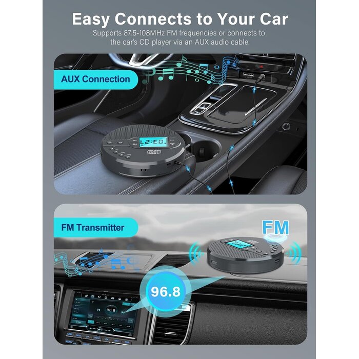 CD-35 - AFU Portable CD Player with Bluetooth with 2000mAh Rechargeable Battery | Personal CD Player for Car with Anti-Skip, FM Transmitter, Headphone, LCD Screen, AUX, Built-in Stereo Speaker, USB (Dark Gray)