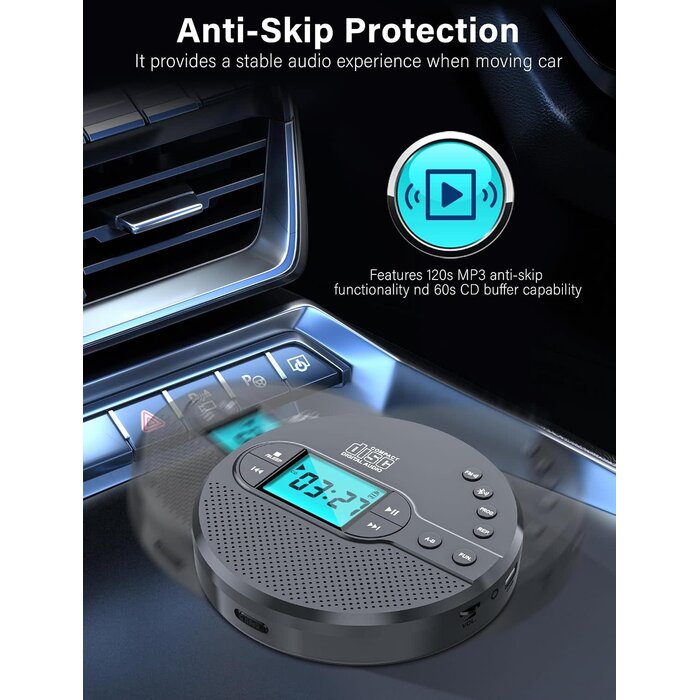 CD-35 - AFU Portable CD Player with Bluetooth with 2000mAh Rechargeable Battery | Personal CD Player for Car with Anti-Skip, FM Transmitter, Headphone, LCD Screen, AUX, Built-in Stereo Speaker, USB (Dark Gray)