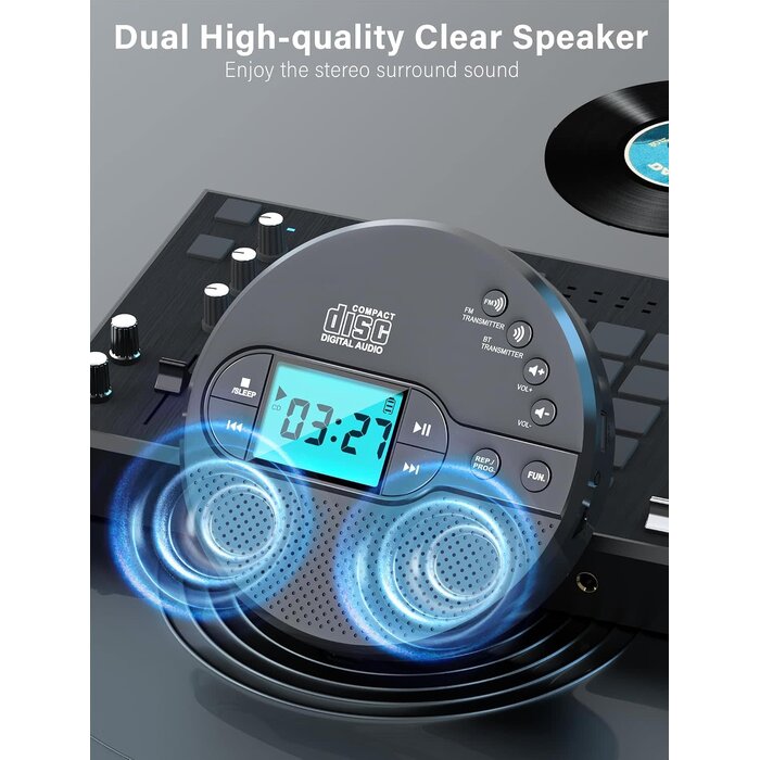 CD-35 - AFU Portable CD Player with Bluetooth with 2000mAh Rechargeable Battery | Personal CD Player for Car with Anti-Skip, FM Transmitter, Headphone, LCD Screen, AUX, Built-in Stereo Speaker, USB (Dark Gray)