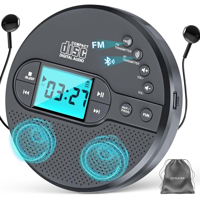 CD-35 - AFU Portable CD Player with Bluetooth with 2000mAh Rechargeable Battery | Personal CD Player for Car with Anti-Skip, FM Transmitter, Headphone, LCD Screen, AUX, Built-in Stereo Speaker, USB (Dark Gray)