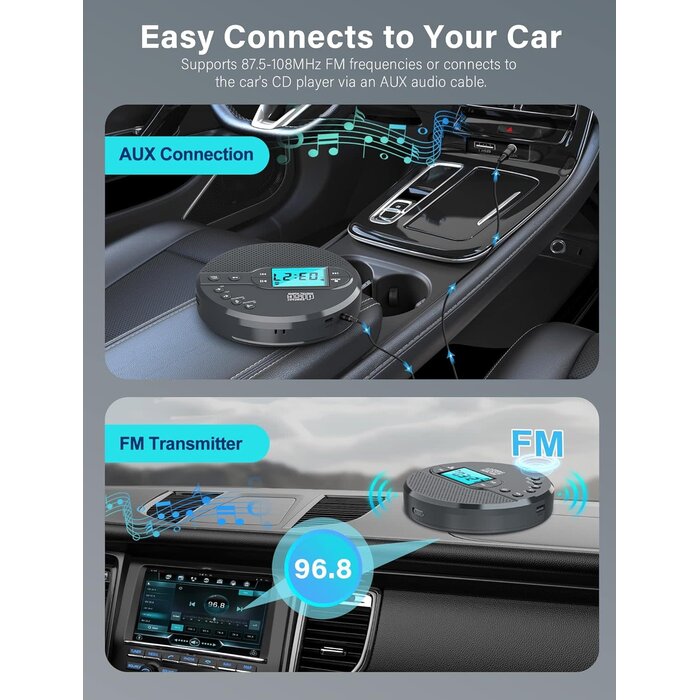 CD-35 - AFU Portable CD Player with Bluetooth with 2000mAh Rechargeable Battery | Personal CD Player for Car with Anti-Skip, FM Transmitter, Headphone, LCD Screen, AUX, Built-in Stereo Speaker, USB (Dark Gray)