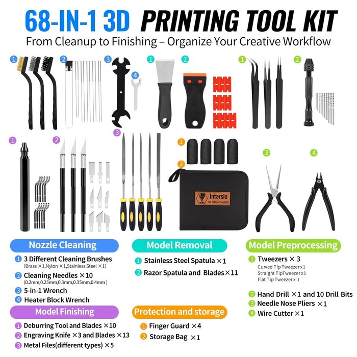 ‎3D-TK001-DD-430 - Intarsio 68Pcs 3D Printer Tool Kit with Storage Case, 3D Printer Accessories - Deburring Tool, 3D Printer Removing Scrapers, Metal Files, Brushes, Hand Drill, Tweezers, for Bambu Lab, Ender 3, Kobra, etc.