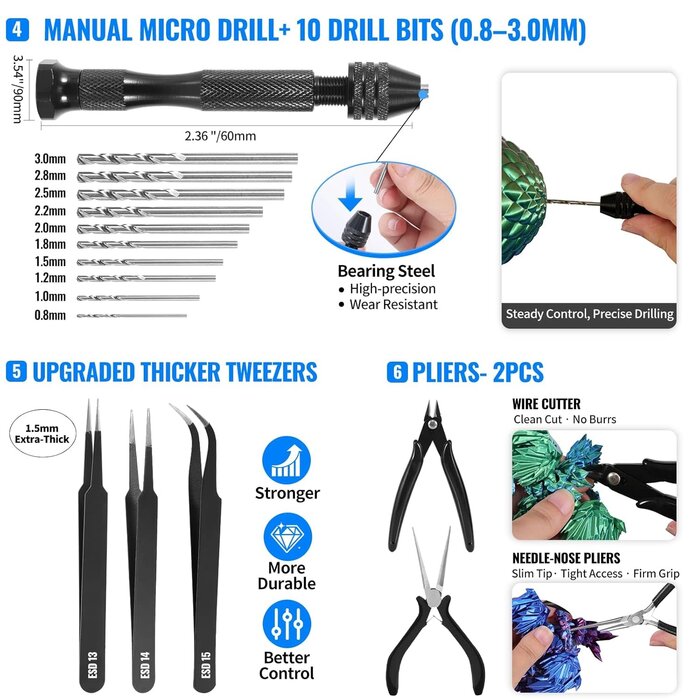 ‎3D-TK001-DD-430 - Intarsio 68Pcs 3D Printer Tool Kit with Storage Case, 3D Printer Accessories - Deburring Tool, 3D Printer Removing Scrapers, Metal Files, Brushes, Hand Drill, Tweezers, for Bambu Lab, Ender 3, Kobra, etc.