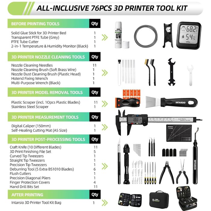 ‎YQ-01 - Intarsio 76pcs 3D Printer Tool Kit with Storage Case, 3D Printer Accessories includes Digital Caliper, Hygrometer, PTFE Tube Kit, Deburring Tool, Scrapers, Nozzle Cleaning, for Bambu Lab, Ender 3, FDM/SLA Printers etc