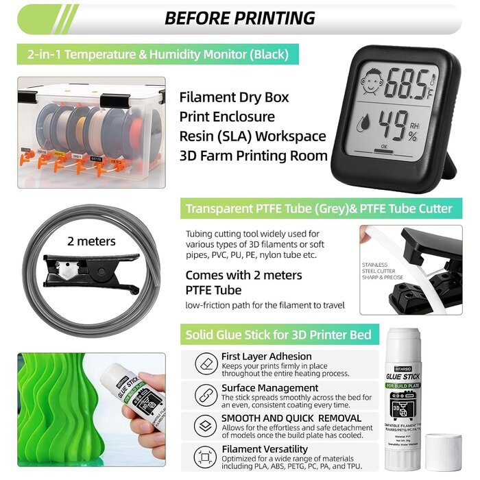 ‎YQ-01 - Intarsio 76pcs 3D Printer Tool Kit with Storage Case, 3D Printer Accessories includes Digital Caliper, Hygrometer, PTFE Tube Kit, Deburring Tool, Scrapers, Nozzle Cleaning, for Bambu Lab, Ender 3, FDM/SLA Printers etc