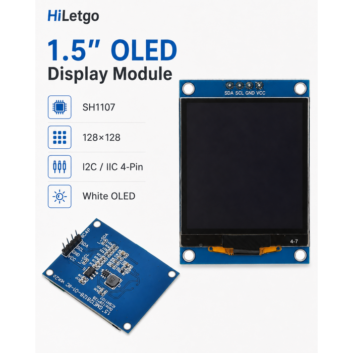 HiL-1.5IN-DSPLY-MOD - HiLetgo 1.5" SH1107 128x128 OLED Display Module 1.5 Inch IIC I2C 4 Pin OLED Screen LCD Display White