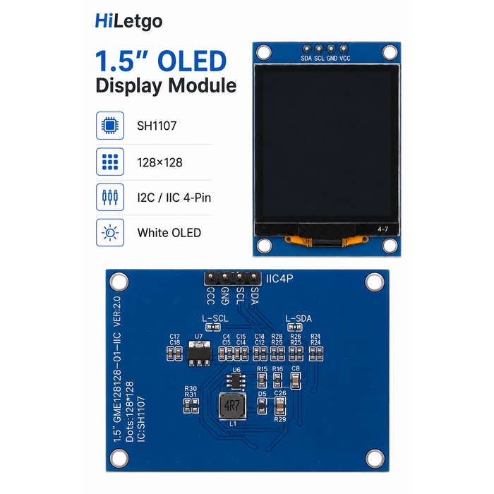 HiL-1.5IN-DSPLY-MOD - HiLetgo 1.5" SH1107 128x128 OLED Display Module 1.5 Inch IIC I2C 4 Pin OLED Screen LCD Display White