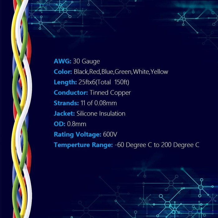 30GAUGEBOX - Fermerry 30 AWG Stranded Wire Spool 25ft Each 6 Colors | Flexible 30 Gauge Silicone Hook up Wire Kit Electrical Tinned Copper Wire