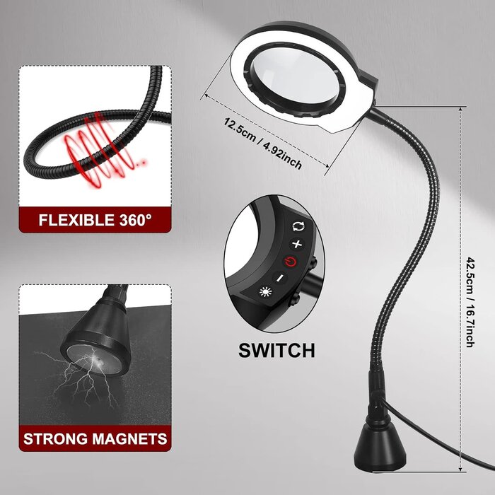 LED 3X Magnifier, Flexible Gooseneck Magnifier Lamp Strong Magnet Base, Can Be Positioned to Hold The Magnifier Where You Want Hands Free
