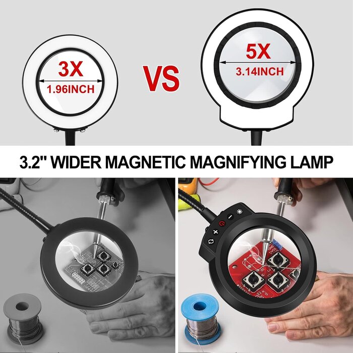 LED 3X Magnifier, Flexible Gooseneck Magnifier Lamp Strong Magnet Base, Can Be Positioned to Hold The Magnifier Where You Want Hands Free