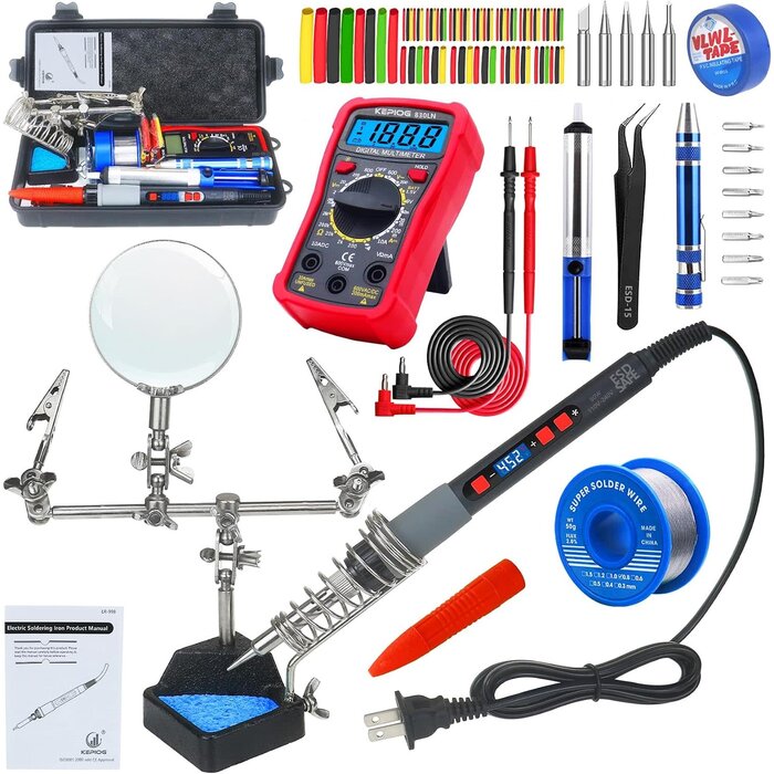 180W-SLDR-KIT - KEPIOG Soldering Iron Kit, 80W Electric Solder iron, Adjustable Temperature (180°C- 500°C）, With Multimeter, Magnifier Welding Helping Hand, Heat shrink tubing, Solder Wire, Desoldering pump.