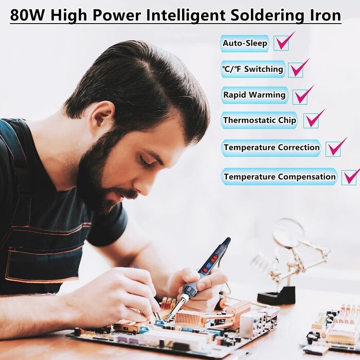 180W-SLDR-KIT - KEPIOG Soldering Iron Kit, 80W Electric Solder iron, Adjustable Temperature (180°C- 500°C）, With Multimeter, Magnifier Welding Helping Hand, Heat shrink tubing, Solder Wire, Desoldering pump.
