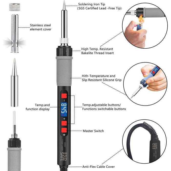 180W-SLDR-KIT - KEPIOG Soldering Iron Kit, 80W Electric Solder iron, Adjustable Temperature (180°C- 500°C）, With Multimeter, Magnifier Welding Helping Hand, Heat shrink tubing, Solder Wire, Desoldering pump.