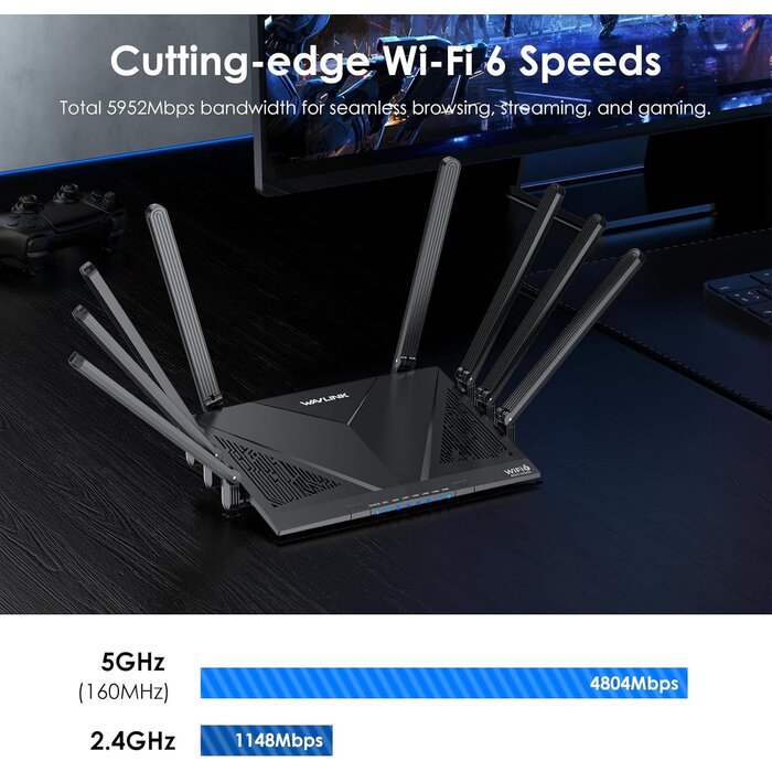 WN536AX6-B - WAVLINK AX6000 Dual Band WiFi 6 Router, Covers up to 1,700 sq.ft. and up to 1148Mbps at 2.4GHz and 4804Mbps at 5GHz. 8 High-Gain Antennas, 2.5G Ethernet Port, Mesh, 8 Stream, WPA3, OpenVPN, Smart APP