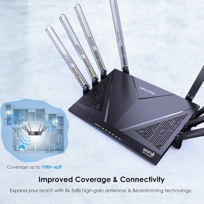 WN536AX6-B - WAVLINK AX6000 Dual Band WiFi 6 Router, Covers up to 1,700 sq.ft. and up to 1148Mbps at 2.4GHz and 4804Mbps at 5GHz. 8 High-Gain Antennas, 2.5G Ethernet Port, Mesh, 8 Stream, WPA3, OpenVPN, Smart APP