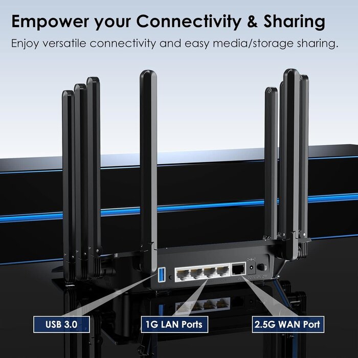 WN536AX6-B - WAVLINK AX6000 Dual Band WiFi 6 Router, Covers up to 1,700 sq.ft. and up to 1148Mbps at 2.4GHz and 4804Mbps at 5GHz. 8 High-Gain Antennas, 2.5G Ethernet Port, Mesh, 8 Stream, WPA3, OpenVPN, Smart APP