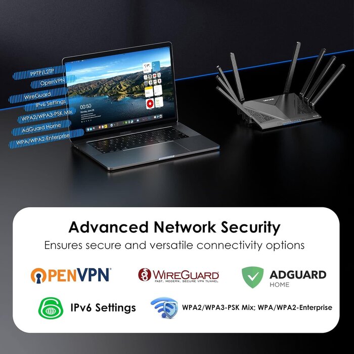 WN536AX6-B - WAVLINK AX6000 Dual Band WiFi 6 Router, Covers up to 1,700 sq.ft. and up to 1148Mbps at 2.4GHz and 4804Mbps at 5GHz. 8 High-Gain Antennas, 2.5G Ethernet Port, Mesh, 8 Stream, WPA3, OpenVPN, Smart APP