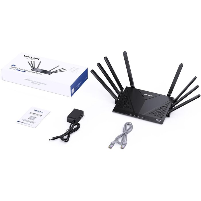 WN536AX6-B - WAVLINK AX6000 Dual Band WiFi 6 Router, Covers up to 1,700 sq.ft. and up to 1148Mbps at 2.4GHz and 4804Mbps at 5GHz. 8 High-Gain Antennas, 2.5G Ethernet Port, Mesh, 8 Stream, WPA3, OpenVPN, Smart APP