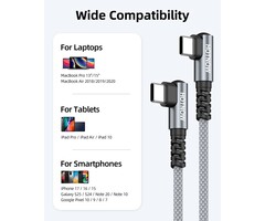 CB06GW-3FT - HOTNOW Right Angle USB-C to USB-C Cable 3FT 65w | 90 degree braided 3FT USB C cable 65W fast charging for iPhone 17/16/15, Galaxy S25/S24, and all USB-C devices