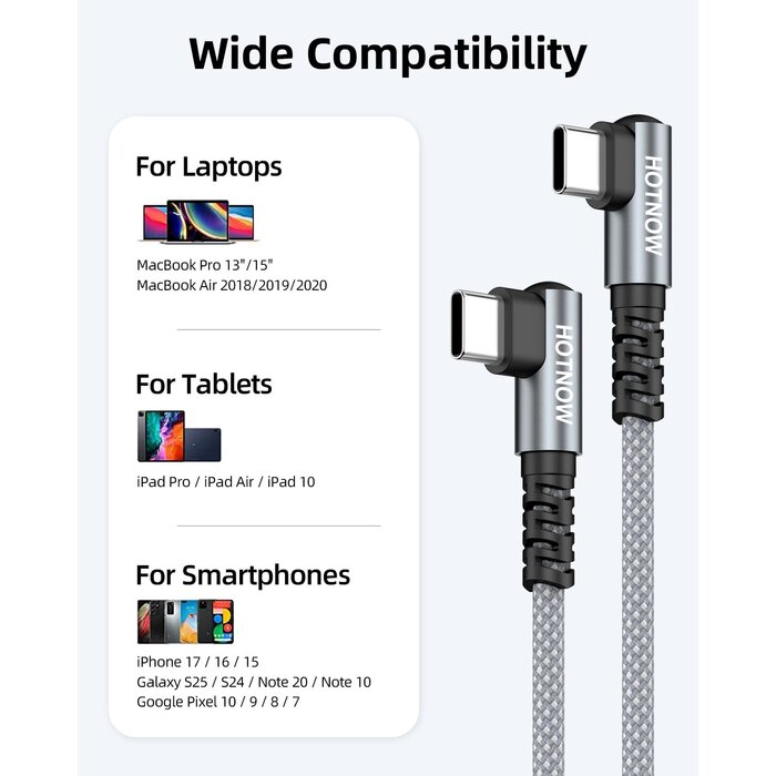 CB06GW-3FT - HOTNOW Right Angle USB-C to USB-C Cable 3FT 65w | 90 degree braided 3FT USB C cable 65W fast charging for iPhone 17/16/15, Galaxy S25/S24, and all USB-C devices
