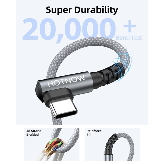 CB06GW-3FT - HOTNOW Right Angle USB-C to USB-C Cable 3FT 65w | 90 degree braided 3FT USB C cable 65W fast charging for iPhone 17/16/15, Galaxy S25/S24, and all USB-C devices