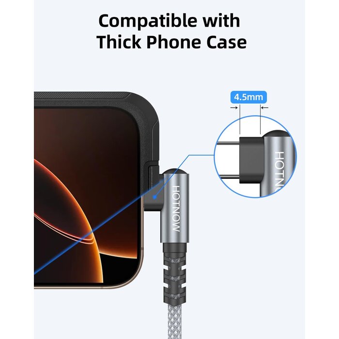 CB06GW-3FT - HOTNOW Right Angle USB-C to USB-C Cable 3FT 65w | 90 degree braided 3FT USB C cable 65W fast charging for iPhone 17/16/15, Galaxy S25/S24, and all USB-C devices