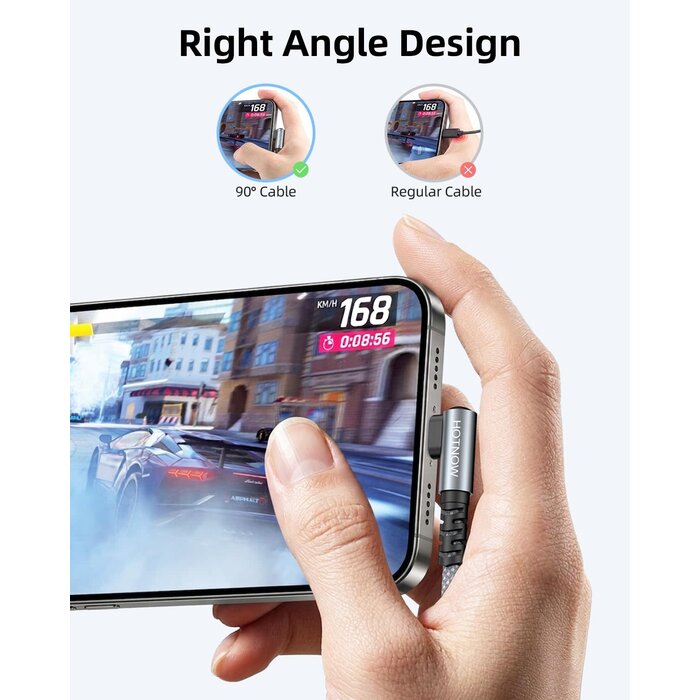 CB06GW-3FT - HOTNOW Right Angle USB-C to USB-C Cable 3FT 65w | 90 degree braided 3FT USB C cable 65W fast charging for iPhone 17/16/15, Galaxy S25/S24, and all USB-C devices