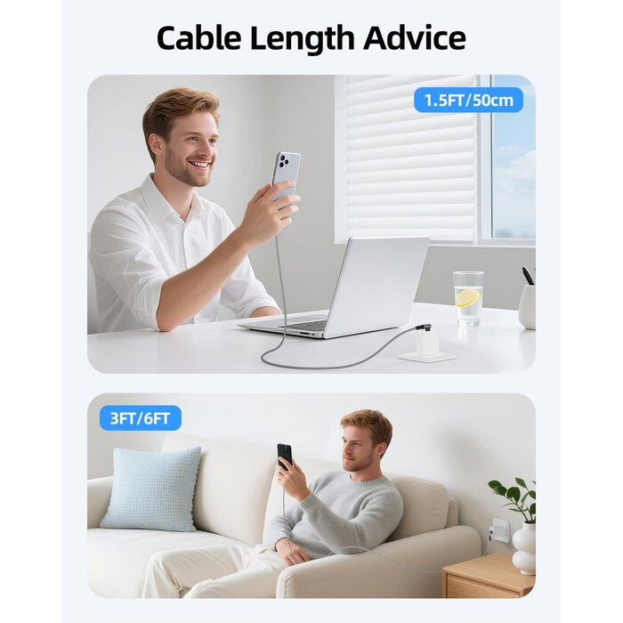 CB06GW-3FT - HOTNOW Right Angle USB-C to USB-C Cable 3FT 65w | 90 degree braided 3FT USB C cable 65W fast charging for iPhone 17/16/15, Galaxy S25/S24, and all USB-C devices