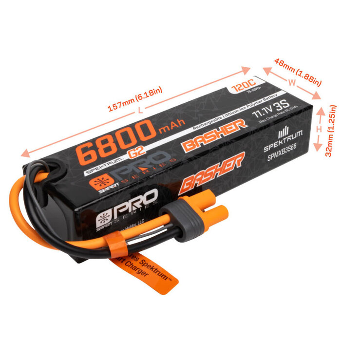 SPEKTRUM SPMXB3S68 - Spektrum Accessories 11.1V 6800mAh 3S 120C Smart G2 Pro Basher LiPo Battery: IC5
