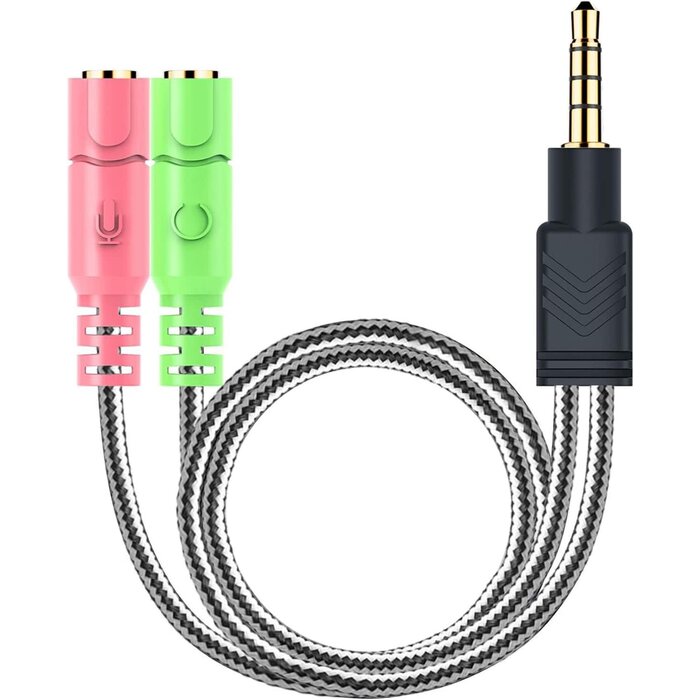 ENVEL 2T1-20H - MillSO Headphone Mic Splitter 3.5mm Headset Adapter (Microphone + Audio) | Braided 2 TRS Female to TRRS Male CTIA Stereo Y Jack for Dual-Plug Game Headset to Xbox, PS4, Phone, Laptop, PC - 8 inch