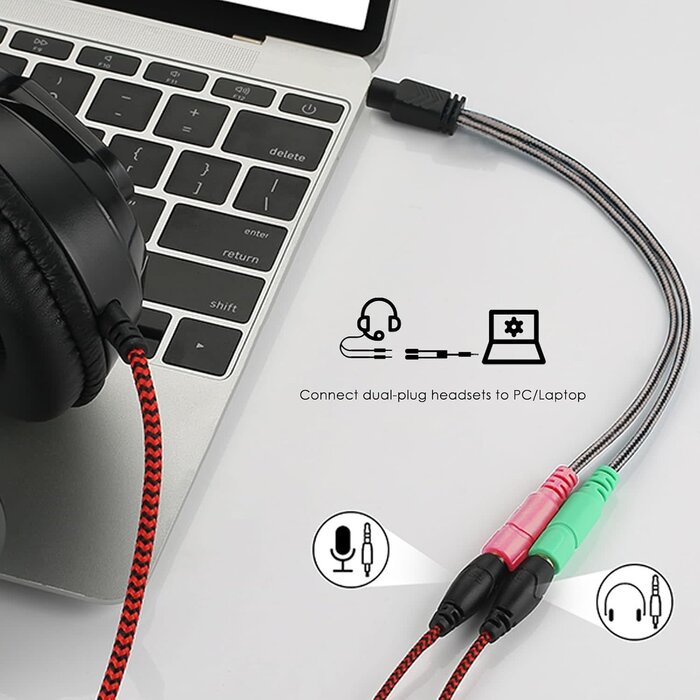 ENVEL 2T1-20H - MillSO Headphone Mic Splitter 3.5mm Headset Adapter (Microphone + Audio) | Braided 2 TRS Female to TRRS Male CTIA Stereo Y Jack for Dual-Plug Game Headset to Xbox, PS4, Phone, Laptop, PC - 8 inch