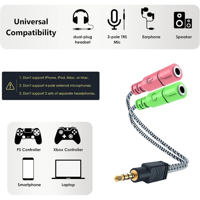 ENVEL 2T1-20H - MillSO Headphone Mic Splitter 3.5mm Headset Adapter (Microphone + Audio) | Braided 2 TRS Female to TRRS Male CTIA Stereo Y Jack for Dual-Plug Game Headset to Xbox, PS4, Phone, Laptop, PC - 8 inch