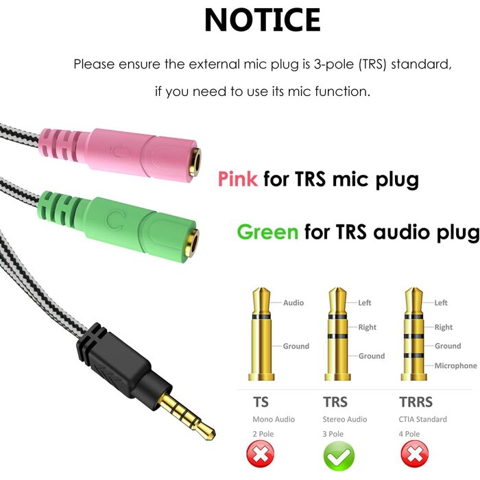 ENVEL 2T1-20H - MillSO Headphone Mic Splitter 3.5mm Headset Adapter (Microphone + Audio) | Braided 2 TRS Female to TRRS Male CTIA Stereo Y Jack for Dual-Plug Game Headset to Xbox, PS4, Phone, Laptop, PC - 8 inch