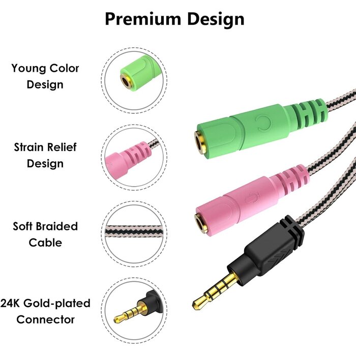 ENVEL 2T1-20H - MillSO Headphone Mic Splitter 3.5mm Headset Adapter (Microphone + Audio) | Braided 2 TRS Female to TRRS Male CTIA Stereo Y Jack for Dual-Plug Game Headset to Xbox, PS4, Phone, Laptop, PC - 8 inch