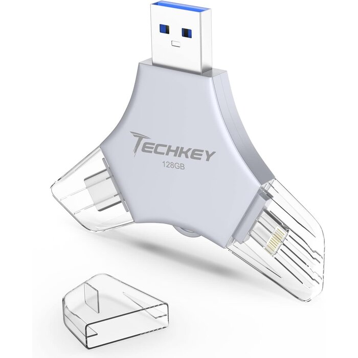 128GB-LIGHT-FLASH - Techkey MFi Certified USB 3.0 Flash Drive 128GB for iPhone, 3in1 External Memory Photo Keeper Storage Stick for Picture/Video/Data Saver/Backup, High Speed Thumb/Jump/Hard Drives for iPhone/iPad/Android/PC