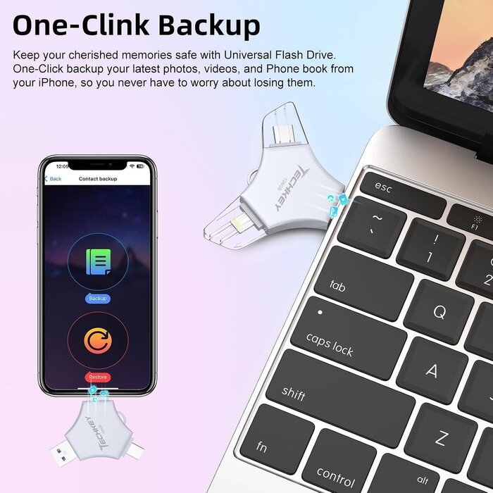 128GB-LIGHT-FLASH - Techkey MFi Certified USB 3.0 Flash Drive 128GB for iPhone, 3in1 External Memory Photo Keeper Storage Stick for Picture/Video/Data Saver/Backup, High Speed Thumb/Jump/Hard Drives for iPhone/iPad/Android/PC