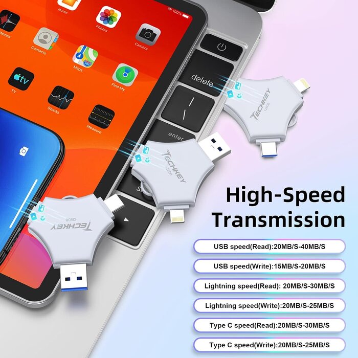 128GB-LIGHT-FLASH - Techkey MFi Certified USB 3.0 Flash Drive 128GB for iPhone, 3in1 External Memory Photo Keeper Storage Stick for Picture/Video/Data Saver/Backup, High Speed Thumb/Jump/Hard Drives for iPhone/iPad/Android/PC