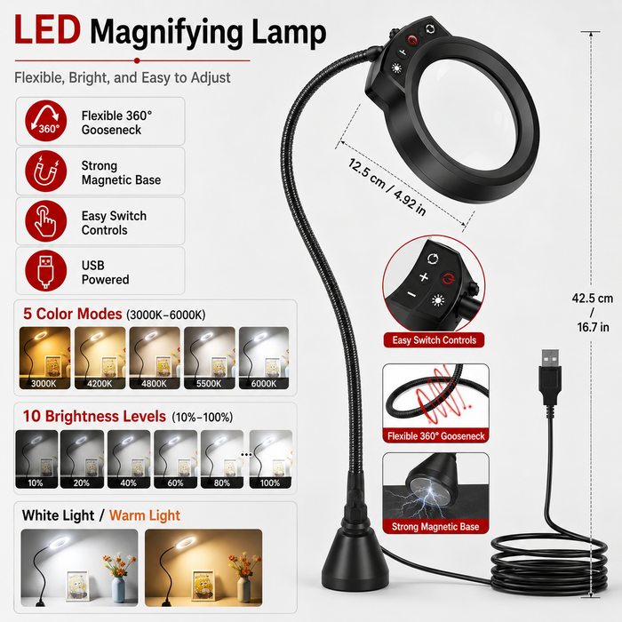 LED 3X Magnifier, Flexible Gooseneck Magnifier Lamp Strong Magnet Base, Can Be Positioned to Hold The Magnifier Where You Want Hands Free