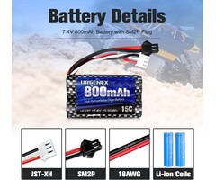 SM-2P-7.4V-800mAh - URGENEX Airsoft Battery 7.4V 800mAh with SM-2P Plug 2S RC Li-ion Battery Compatible with Anstoy Gel Blaster Gun WPL MN BEZGAR RC Car Boats and Most 1/16, 1/18, 1/24 RC Trucks