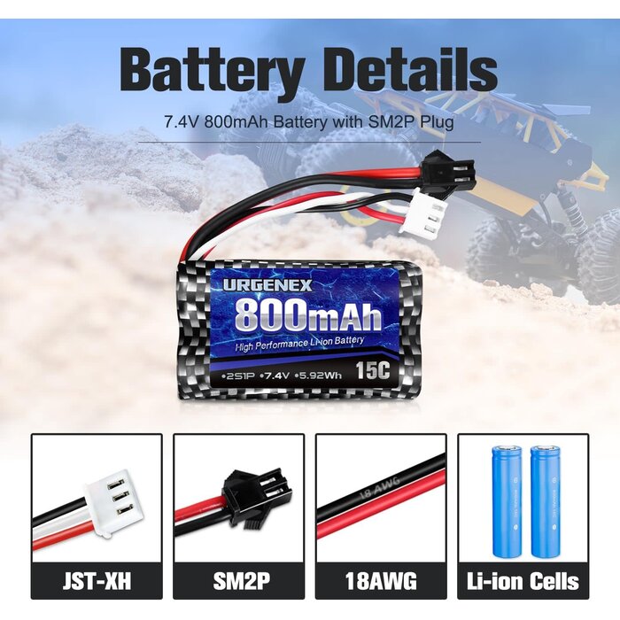 SM-2P-7.4V-800mAh - URGENEX Airsoft Battery 7.4V 800mAh with SM-2P Plug 2S RC Li-ion Battery Compatible with Anstoy Gel Blaster Gun WPL MN BEZGAR RC Car Boats and Most 1/16, 1/18, 1/24 RC Trucks