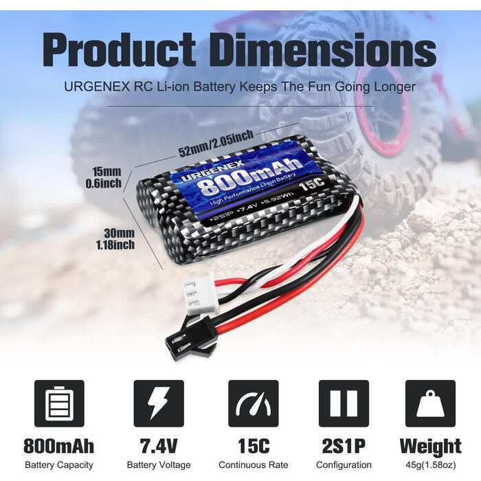 SM-2P-7.4V-800mAh - URGENEX Airsoft Battery 7.4V 800mAh with SM-2P Plug 2S RC Li-ion Battery Compatible with Anstoy Gel Blaster Gun WPL MN BEZGAR RC Car Boats and Most 1/16, 1/18, 1/24 RC Trucks