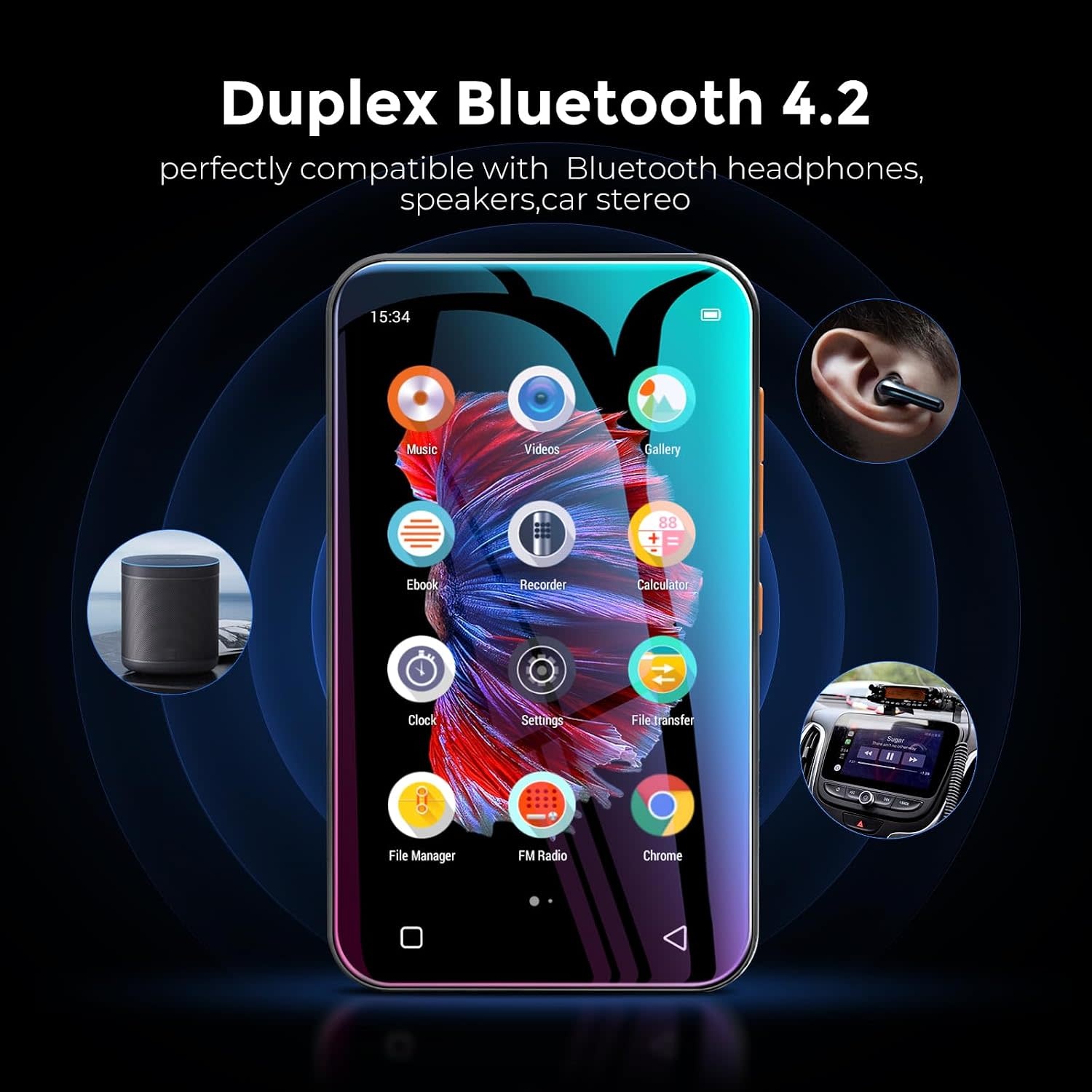 MP3 Player with Bluetooth and WiFi, 4.0" Full Touchscreen Mp4 Mp3 Player with Spotify, Audible, Amazon Music, Android Music Player with Speaker, FM Radio, E-Book, Up to 512 GB
