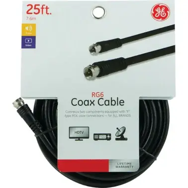 JAS33598 - GE® RG6 Coaxial Cable with F-Type Connectors, Black (25 Ft.)