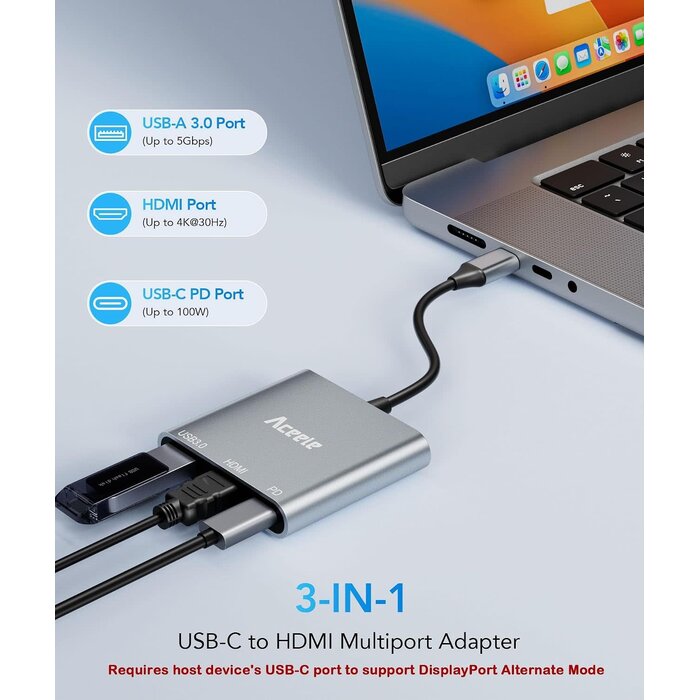 USBC-HDMI+CH - Aceele USB C to HDMI Adapter, 3 in 1 Type-C Digital AV Multiport Adapter